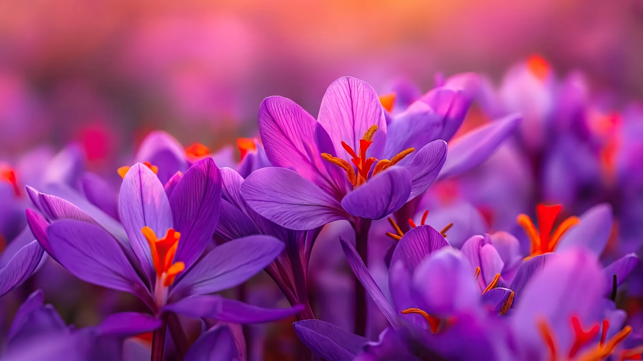A field of saffron crocus flowers at dawn