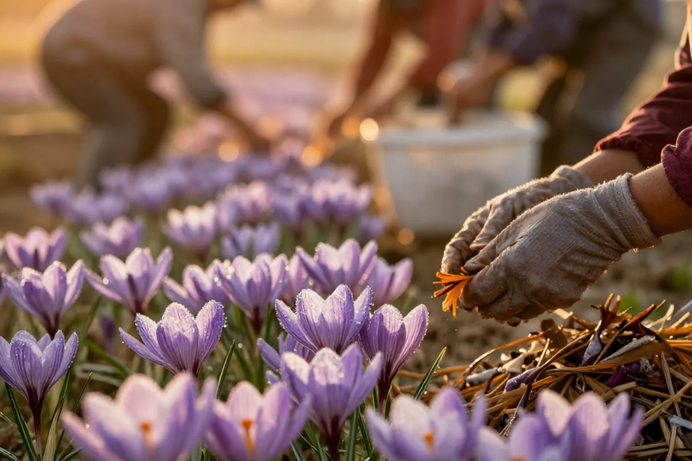 Pickers harvesting dew-covered crocus flowers by hand at dawn
