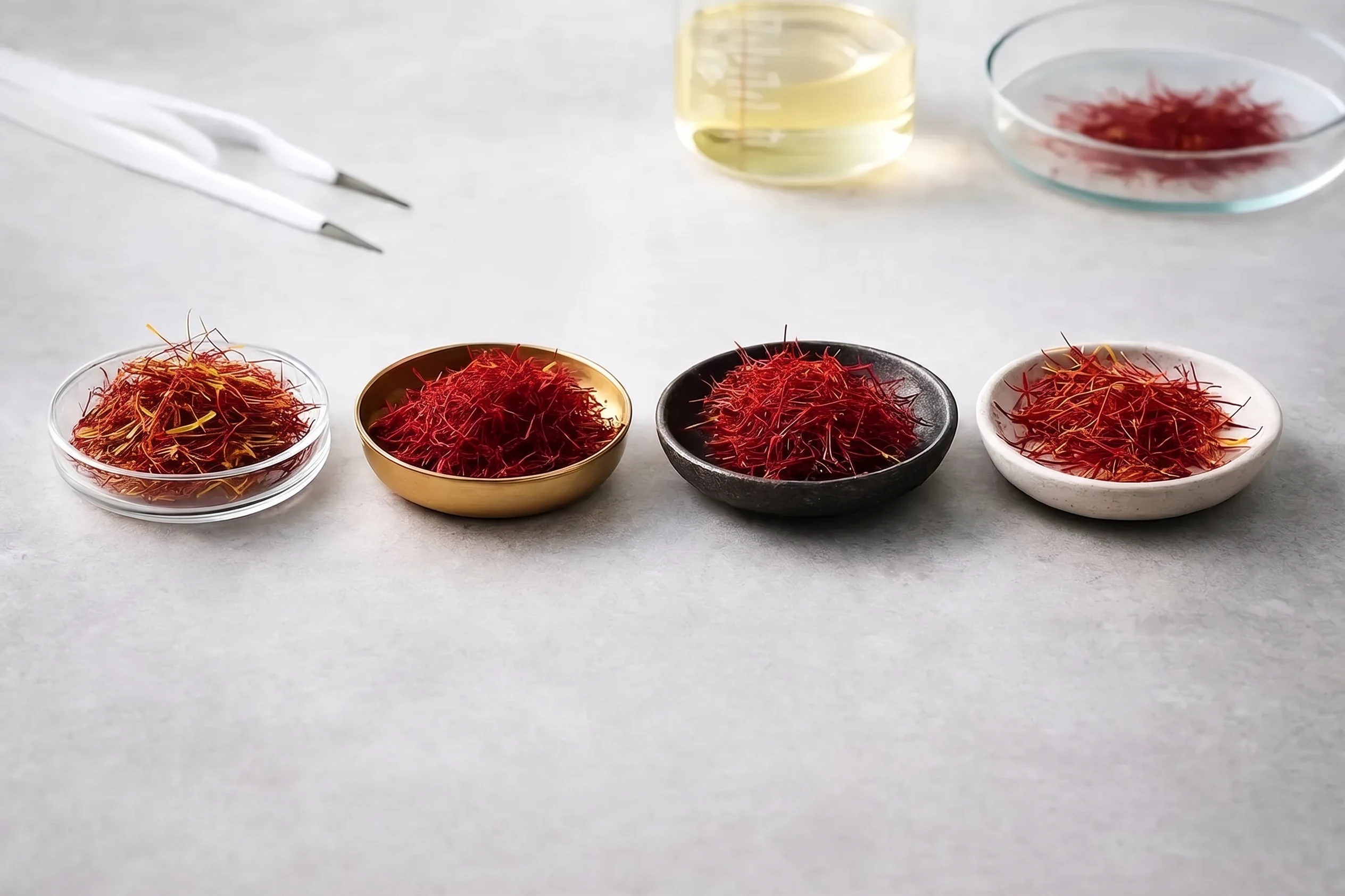 Four cuts of saffron sorted side by side on a linen cloth