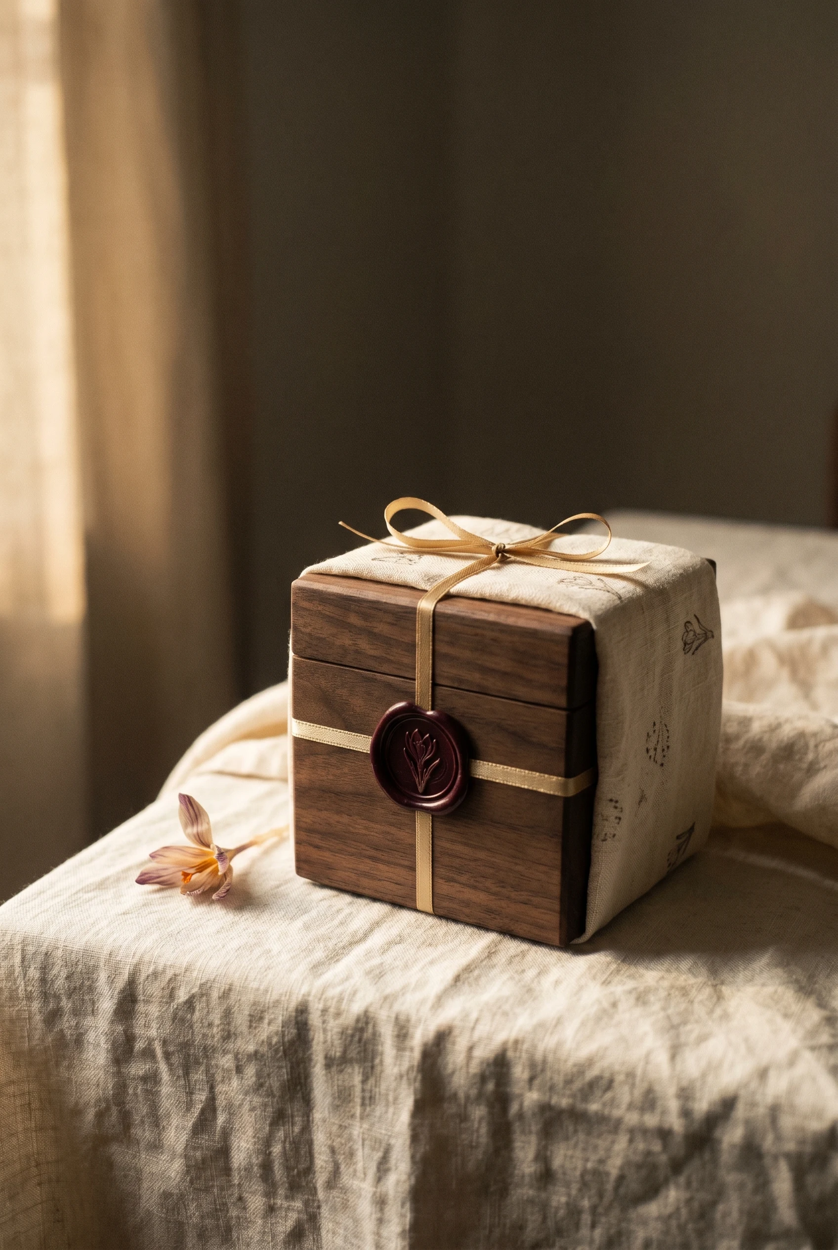 A walnut gift box with cream linen and a crocus wax seal