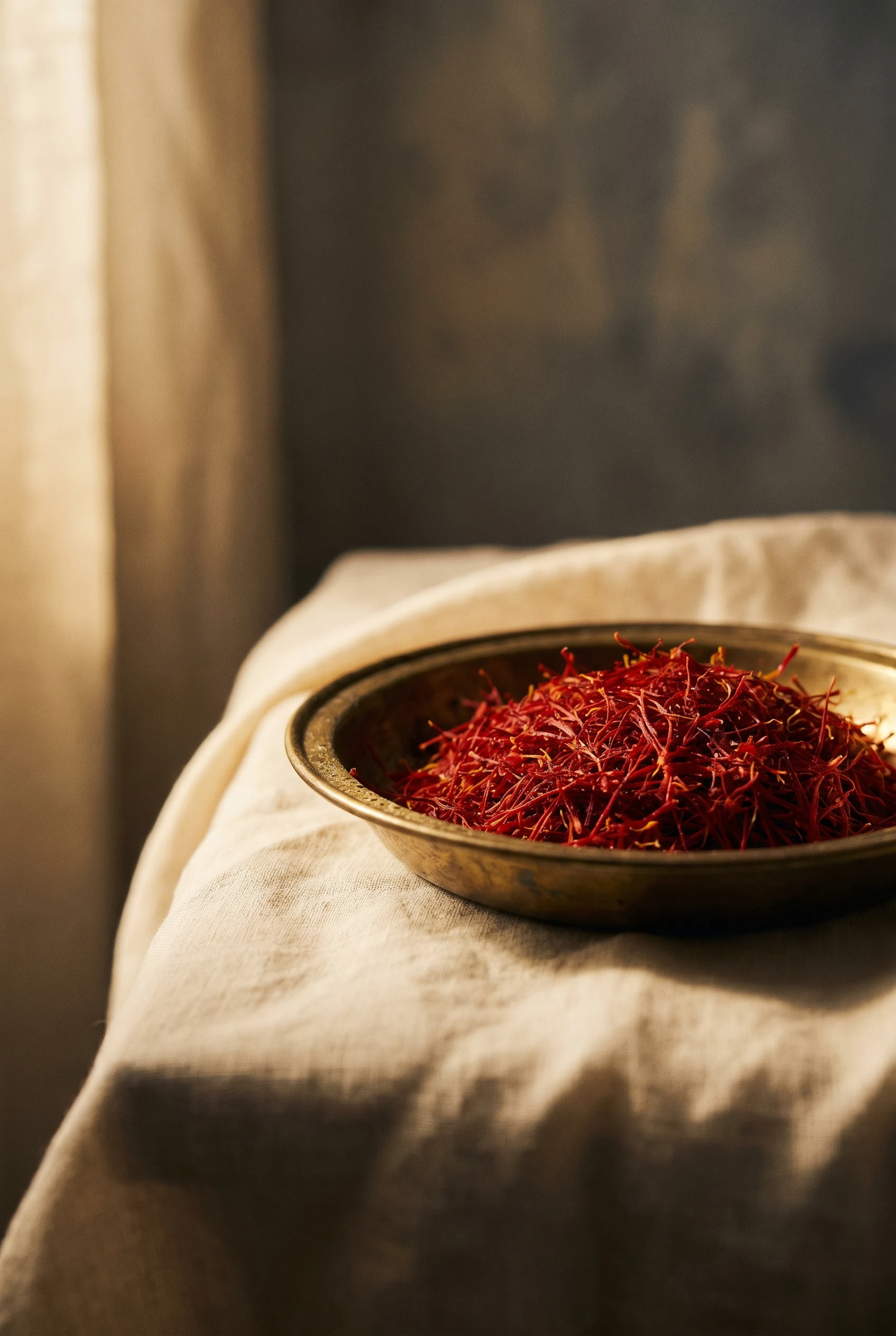 A brass dish of hand-plucked saffron threads on cream linen