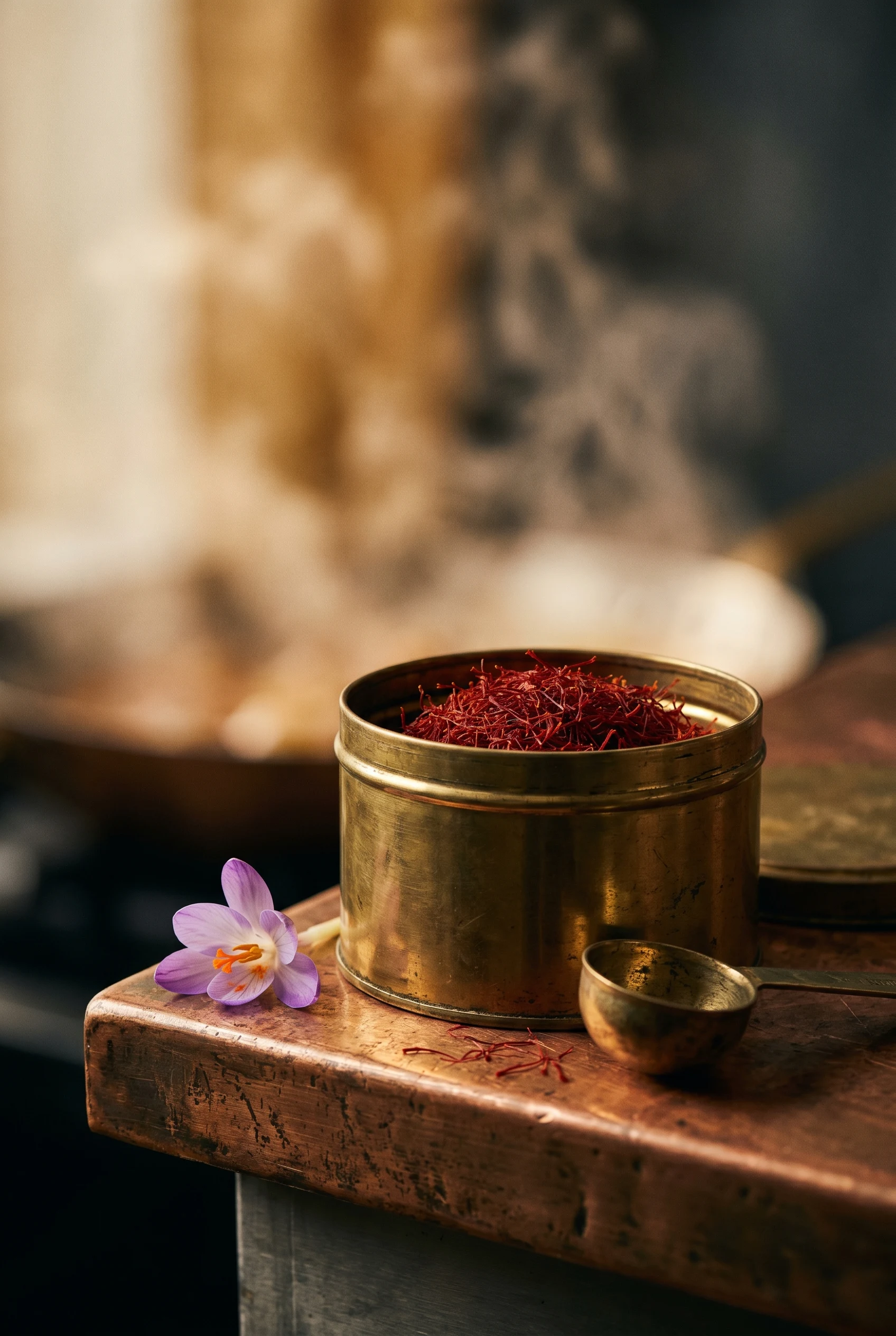 An antique brass tin of saffron on a copper kitchen counter